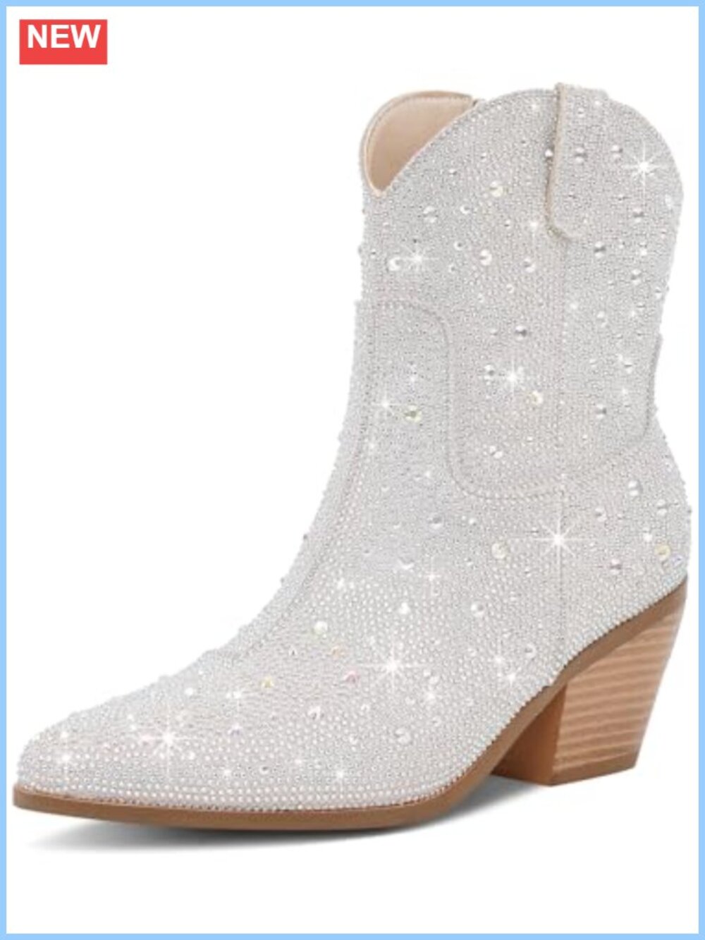 Rhinestone Cowboy Ankle Boots Pointed Toe Block Heel Faux Leather Western
